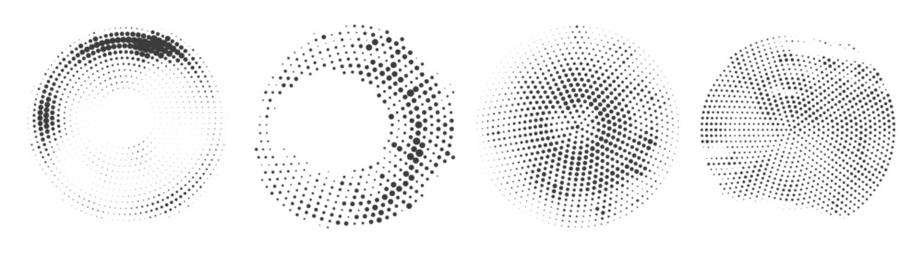 Monochrome halftone circle patterns with dotted gradients on a transparent background.