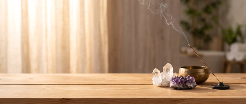 Incense smoke with healing crystals on wooden table for meditation and spiritual wellness