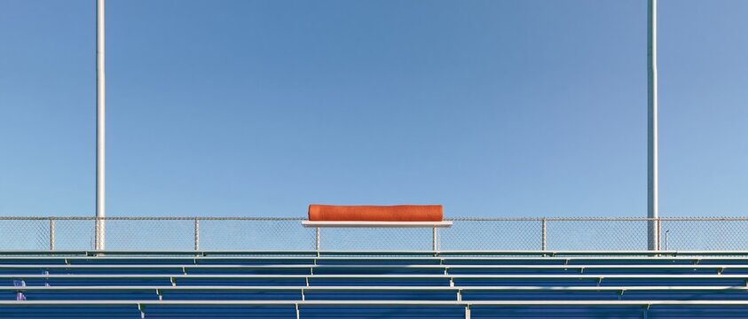 Folded wool blanket floating above a grey bleacher plank in a sports stadium at night, with a glowing blue sky and copy space for branding