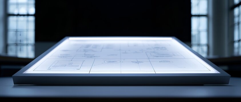 Blueprint under lightbox with architectural sketch