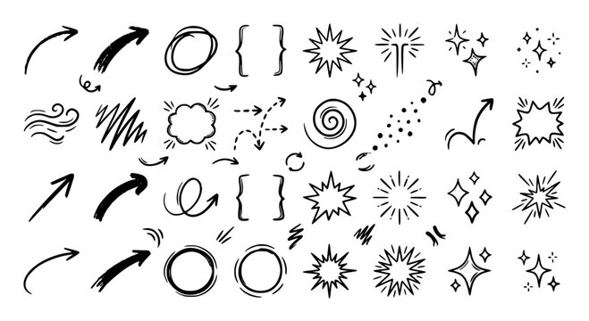 Hand drawn chalk motion and comic action doodle vector set with arrows shock and sparkle effects