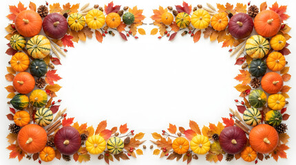 Fototapeta premium Autumn harvest arrangement with colorful pumpkins gourds and maple leaves forming a decorative frame on a white background
