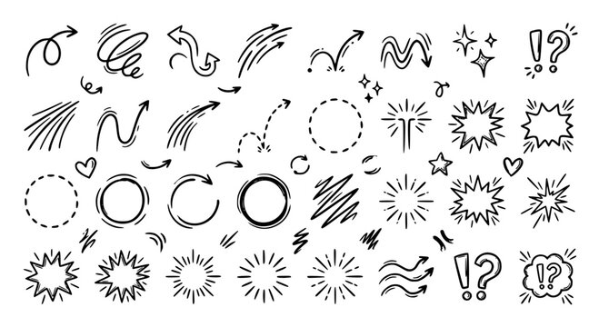 Cute cartoon motion effect doodle vector collection with arrows shock bursts and sparkle icons