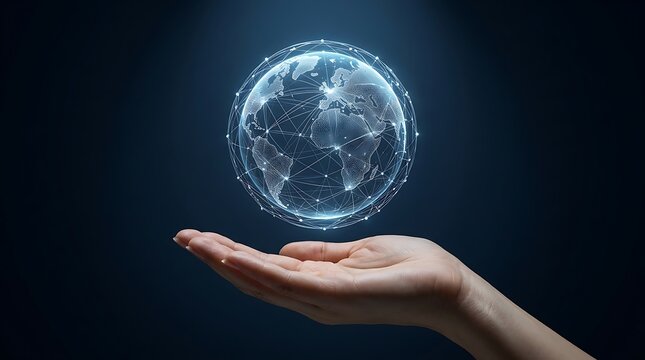 Futuristic digital globe hovering over open hand, global network connection concept, blue glowing world map for technology and business