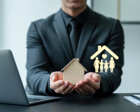 A Professional Businessman Holding A Small Wooden House Model With Family Icon