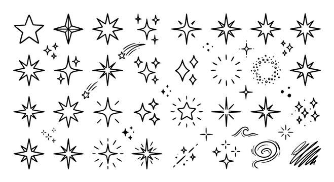 Hand drawn glitter sparkle light effect doodle vector collection with stars and shine marks