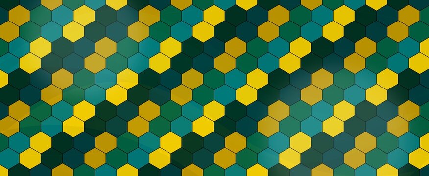 A seamless abstract background featuring flowing wave structures composed of hexagonal tiles in rich emerald green, deep navy, and gold.