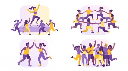 Fototapeta premium Group Fitness Class Community Workout Flat Vector Icon Set