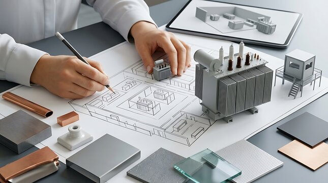 Industrial electrical engineer designing power substation, technical blueprint with miniature transformer model, energy infrastructure planning