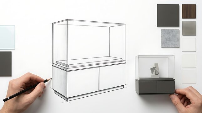 Architectural furniture sketch with material swatches, designer hand drawing display cabinet, modern interior product design process