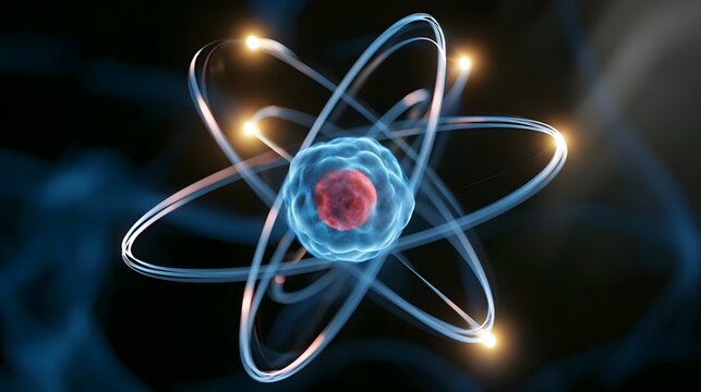 A glowing atomic structure with a central nucleus and orbiting electrons depicted in a stylized scientific visualization