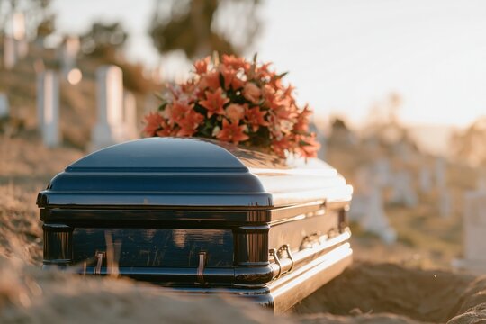 Closed polished wooden casket with a red lily bouquet resting by an open grave in a hillside cemetery, for bereavement and funeral planning