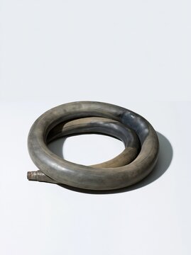 Coiled rubber inner tube with a vulcanised patch, featuring a worn matte finish and scuffed valve on a white background with copy space for repair and sustainability layouts