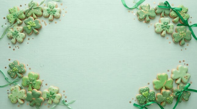 Mint green St Patrick&rsquo;s Day frame with shamrock cookies, ribbon and clover sprinkles, flat lay border and blank copy space for party invitation, greeting card, banner, and poster.