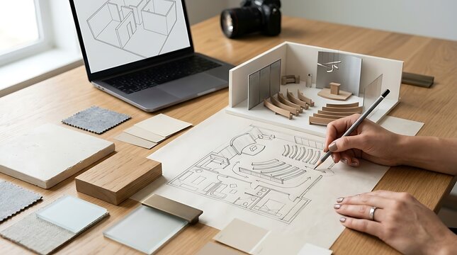 Architectural interior design workspace, professional designer sketching floor plans, miniature scale model with material samples