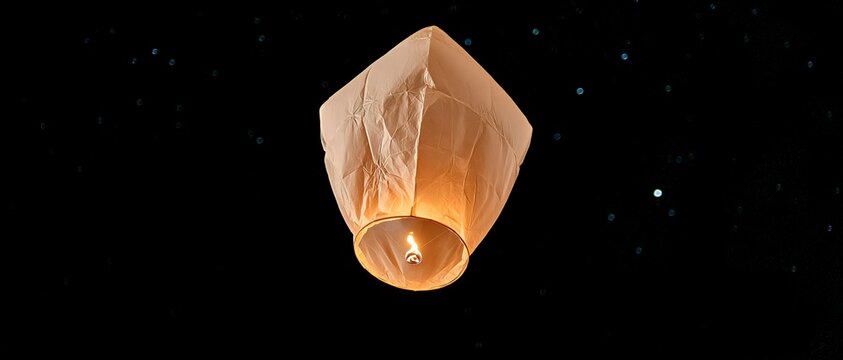 Paper lantern floating in night sky with stars visible behind