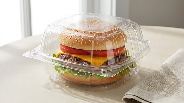Fresh tasty beef burger with cheese lettuce and tomato on a wooden table in a bright kitchen setting. clamshell packaging burgers