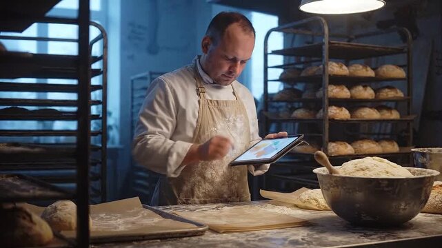 Bakery owner checking preorders before sunrise for World Baking Day small business visuals