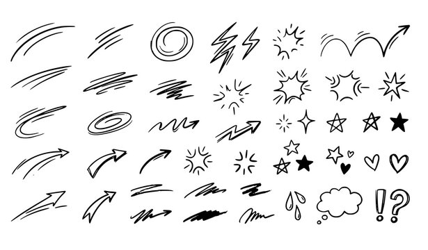 Hand drawn movement doodle elements set with comic speed lines stars hearts and expressive sketch marks