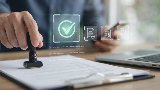 Professional hand stamping approval seal on digital contract with electronic verification and data security compliance interface overlay
