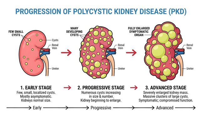 Medical illustration showing the progression of polycystic kidney disease through early, progressive, and advanced stages.