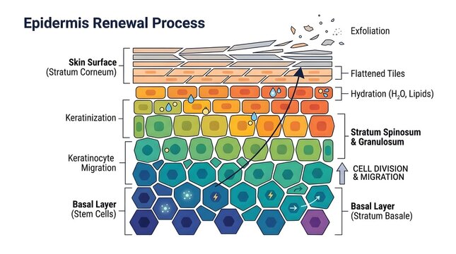 Epidermis Renewal Process Diagram Showing Skin Cell Migration and Exfoliation.