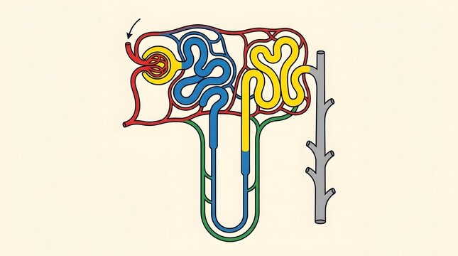 Medical Diagram of a Human Kidney Nephron Showing Renal Tubules and Blood Vessels.
