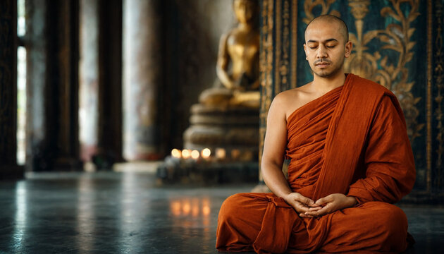 Buddhist monk in orange robes sits peacefully in meditation inside a richly decorated temple with columns, candles, and a reflective floor.