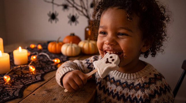 Mixed-race toddler eating ghost marshmallow treat and laughing at Halloween table, spooky-cute banner.
