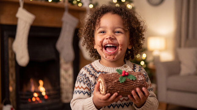 Mixed-race toddler laughing while eating yule log cake by cozy fireplace, Christmas banner.