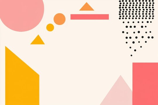 Abstract Geometric Composition: A vibrant and dynamic abstract composition featuring a playful arrangement of geometric shapes like circles, triangles, and rectangles in a soft, pastel color palette.