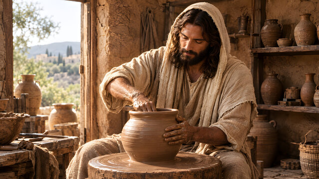 Jesus christ working as a potter in a rustic workshop shaping a clay vessel on a wheel