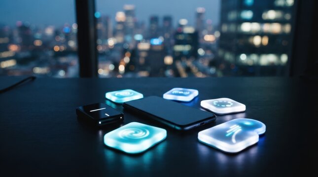 smartphone with payment nodes and card reader in office setting, cashless transaction, mobile payment, digital finance, fintech, secure commerce