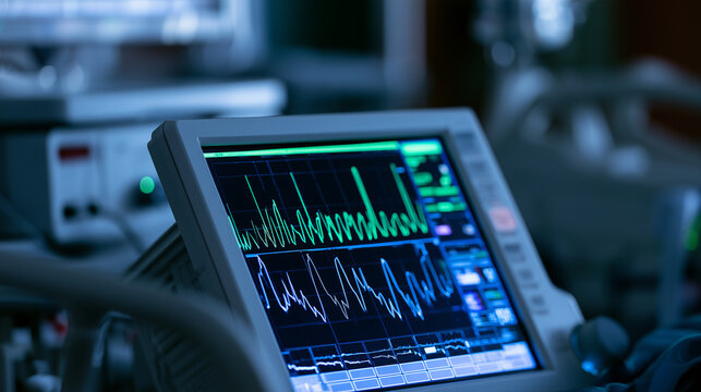Bedside monitoring screen showing vital sign waveforms and readings, medical device technology for continuous clinical tracking and care in hospitals.