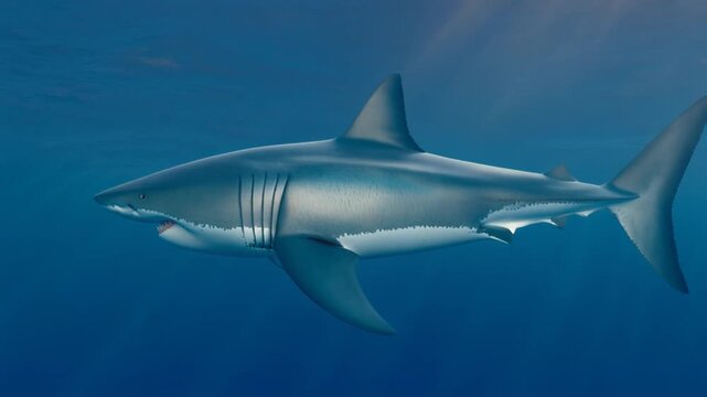 Great white shark glides through sunlit ocean water showing predatory motion and power