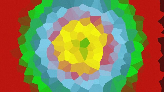 Bold red blue and yellow geometric crystal mosaic pattern arranged in circular layers for high impact design
