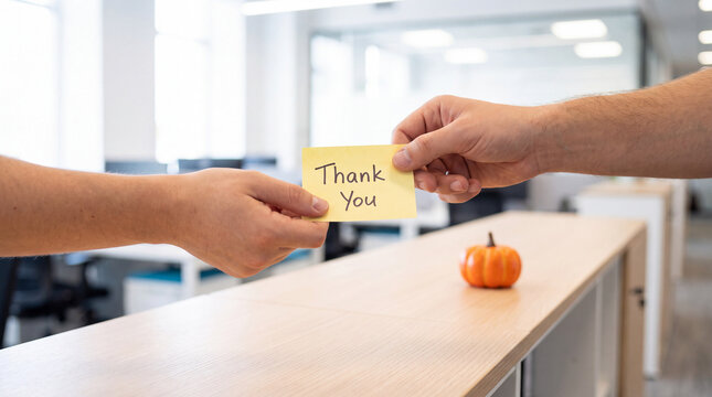 Close-up of hands passing a thank-you sticky note across a clean desk with a tiny pumpkin, symbolizing appreciation and connection for Thanksgiving employee recognition visuals.