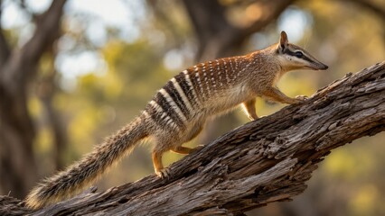 Obraz premium Numbat (banded anteater) walking along a tree branch in sunlit Australian bushland