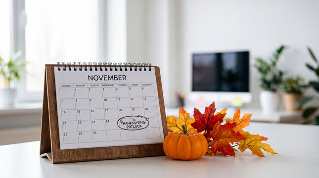 Close-up of a November desk calendar with a tiny pumpkin and autumn leaves, marking seasonal gratitude and quiet reflection for Thanksgiving office planning materials.