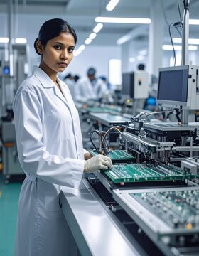 Indian engineers monitoring semiconductor production through digital control systems inside a modern high-tech fabrication facility.