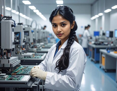 Indian engineers monitoring semiconductor production through digital control systems inside a modern high-tech fabrication facility.