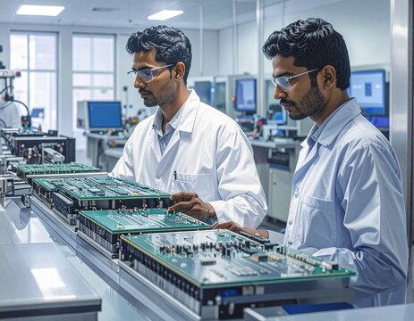 Indian engineers monitoring semiconductor production through digital control systems inside a modern high-tech fabrication facility.