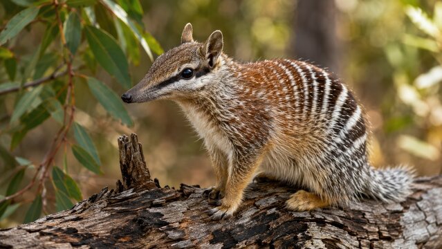 Numbat (banded anteater) perched on a fallen log in eucalyptus bushland, detailed striped fur and long snout