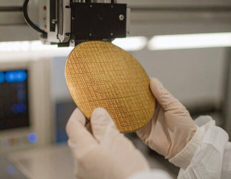 Indian semiconductor engineer holding a large silicon wafer inside a state-of-the-art chip fabrication cleanroom.