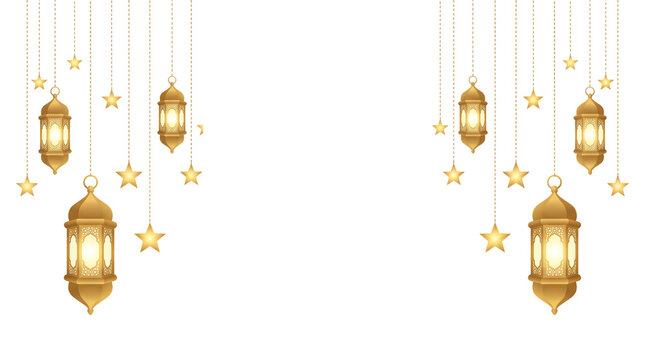 Traditional golden ramadan lanterns and glowing stars hanging against a as transparent cutout