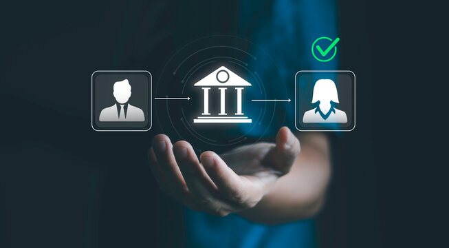 Payroll, workforce management, compliance and administration. Digital governance and employee management concept showing a person connected to an institutional icon and employee profiles.