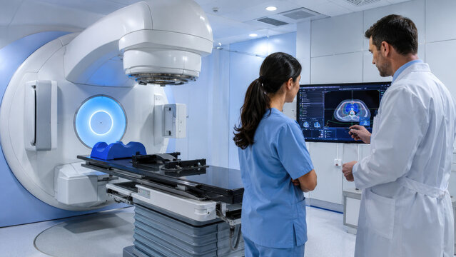 Medical team using a linear accelerator in a radiotherapy suite for CT-guided cancer treatment planning
