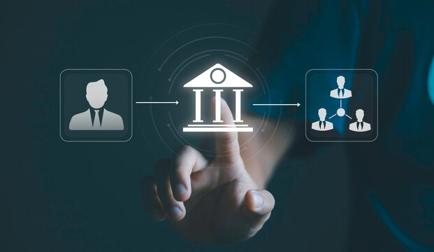 Payroll, workforce management, compliance and administration. Digital governance and employee management concept showing a person connected to an institutional icon and employee profiles.