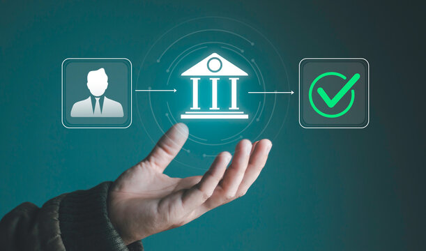 Payment verification concept showing a person using a digital interface with an institutional approval icon. Represents secure transactions, payment processing, compliance, banking and finance.