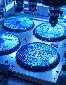 Extreme macro view of advanced semiconductor circuitry patterned across a polished silicon wafer inside an Indian fabrication facility.
